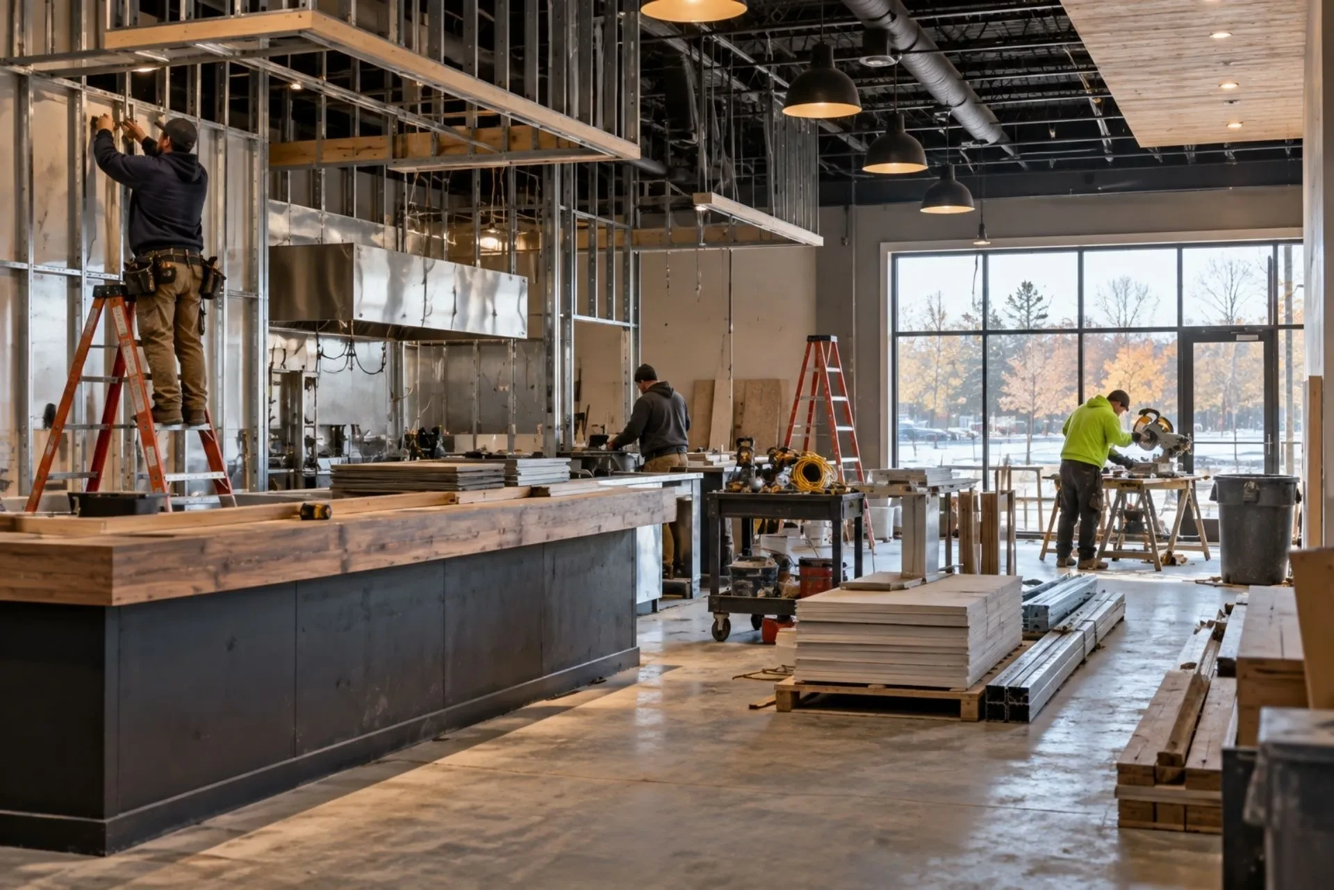 A restaurant mid build-out: framing going up, the hood installed, the bar built, a crew at work